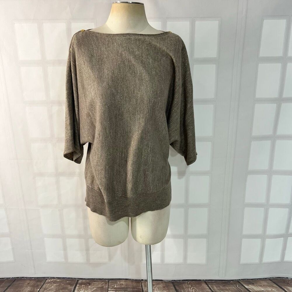 New York & Company Tan Gold Metallic Dolman Sleeve Knit Top Blouse Size Large